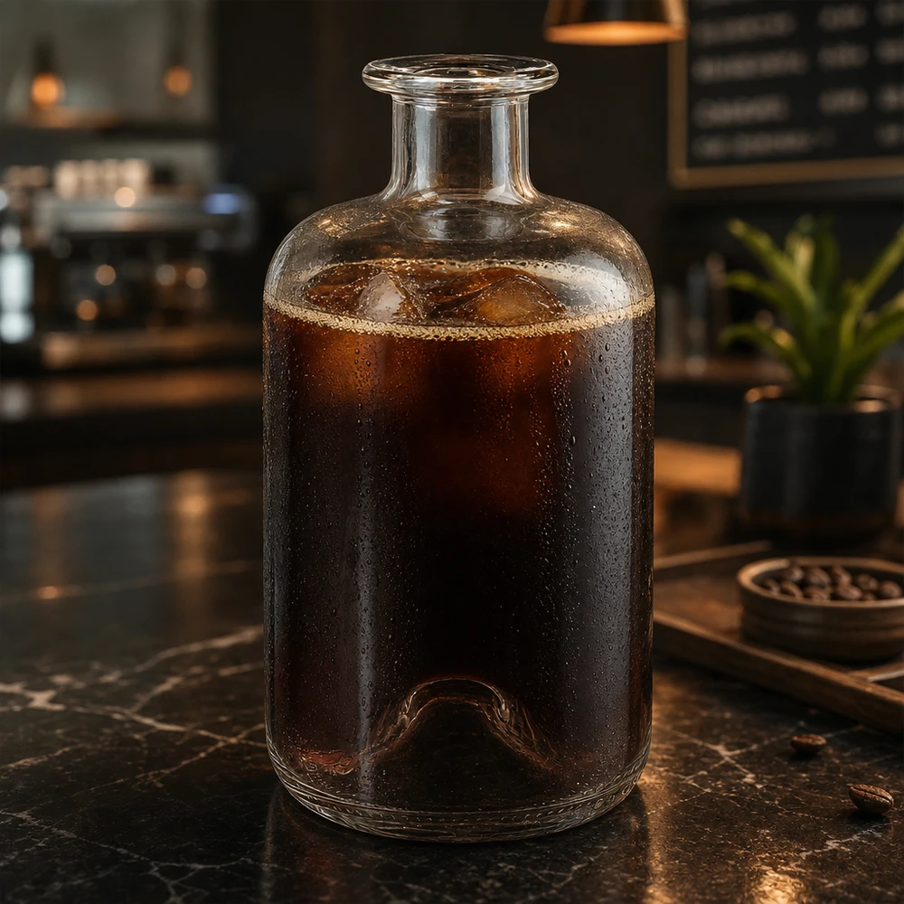 500 ml apoteksflaske »500ml Glasflasche "Luna" ohne Verschluss UNiTWIST« uden lukning UNiTWIST® Apotekerflaske Luna 500 ml fyldt med koldbrygget kaffe på et marmorbord i en moderne caféatmosfære