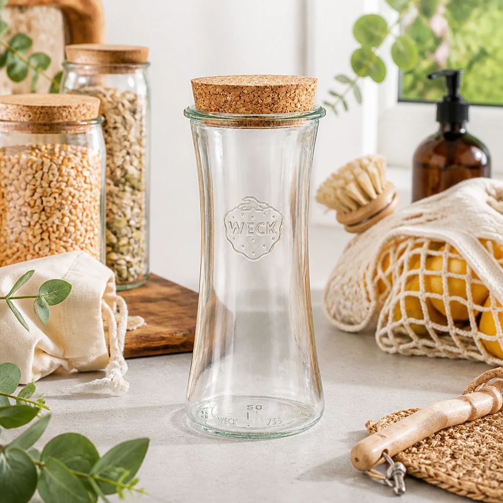 700 ml delikatesseglas WECK RR80 med kork natur WECK RR80 delikatessekrukke 700 ml tom med korklåg i bæredygtigt nul-affaldskøkken mellem opbevaringskrukker