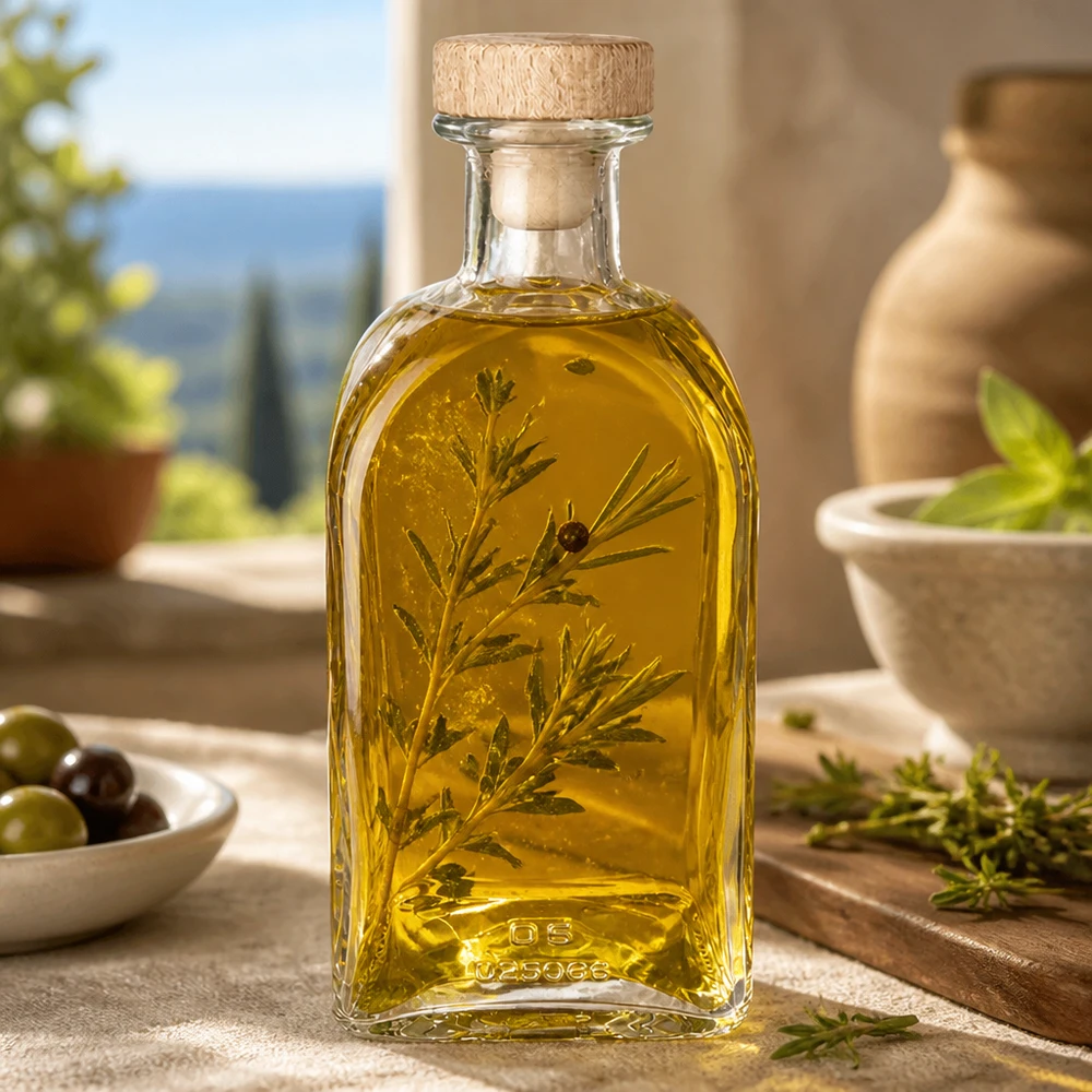 500 ml apoteksflaske »Julia« med træhåndtag og prop UNiTWIST® 500ml Glasflasche Julia mit Holzkorken gefüllt mit Kräuteröl mediterranes Ambiente Olivenöl Gewürzöl Dekoration