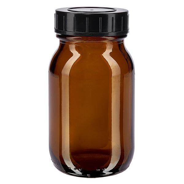 100 ml flaske med bred hals i ravfarvet glas med skruelåg