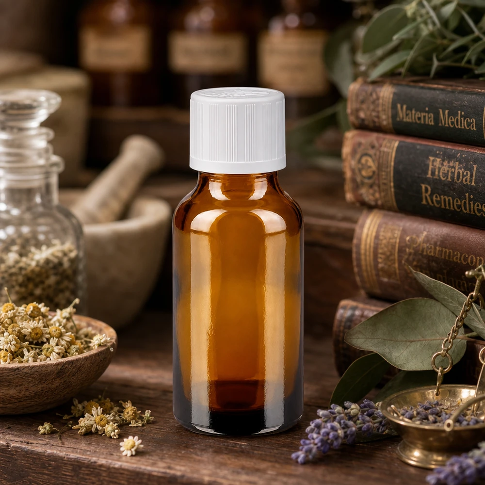 Apoteksflaske brun 20 ml skruelåg hvid KiSi St 20 ml apotekerflaske af brunt glas med hvid børnesikret lukning ved siden af Materia Medica og urtebøger
