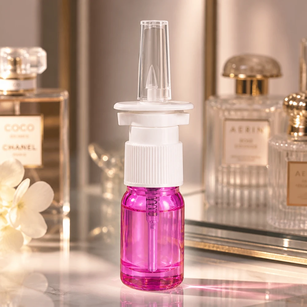 5 ml næsesprayflaske hvid/transparent standard PurpleLine UT18/5 5 ml PurpleLine næsesprayflaske med UT18/5-gevind til medicinske og kosmetiske anvendelser
