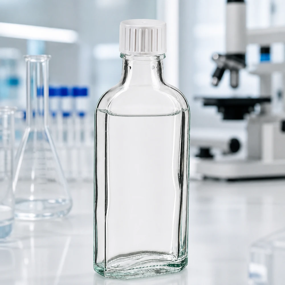 100 ml Meplat klar skruelåg med hældering Gennemsigtig 100 ml glasflaske med hvid skruelåg og hældering i laboratoriet