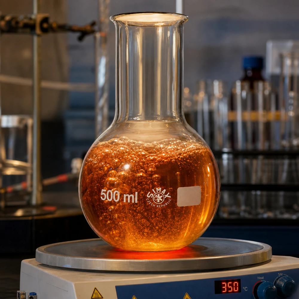 Lommelærke 500 ml med bred hals 500 ml lodret kolbe på varmeplade ved 350 °C til destillations- og opvarmningsprocesser i laboratoriet