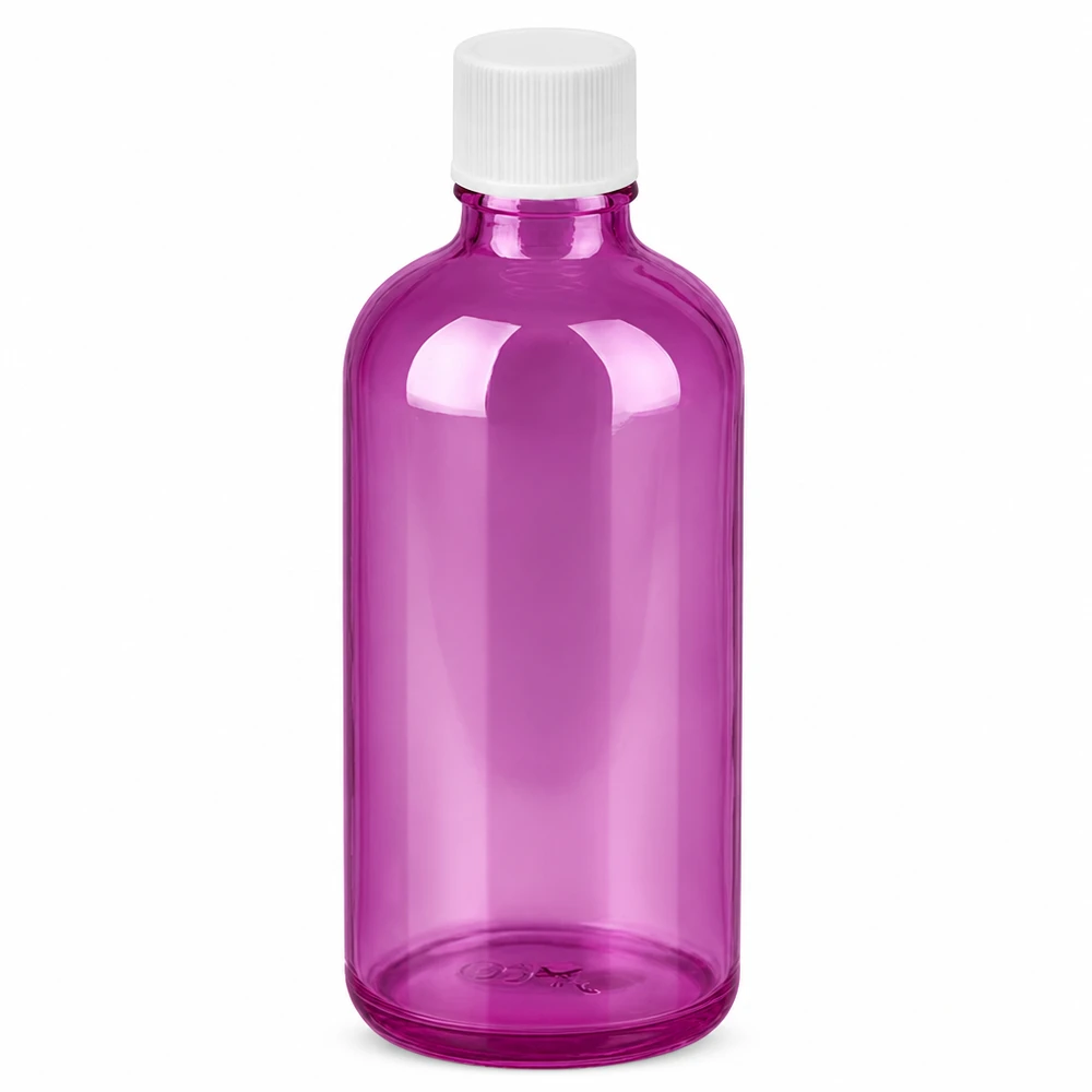100 ml flaske 11 mm skruelåg hvid standard PurpleLine UT18/100 100 ml glasflaske i lilla med hvidt 11 mm skruelåg til kosmetik og lægemidler