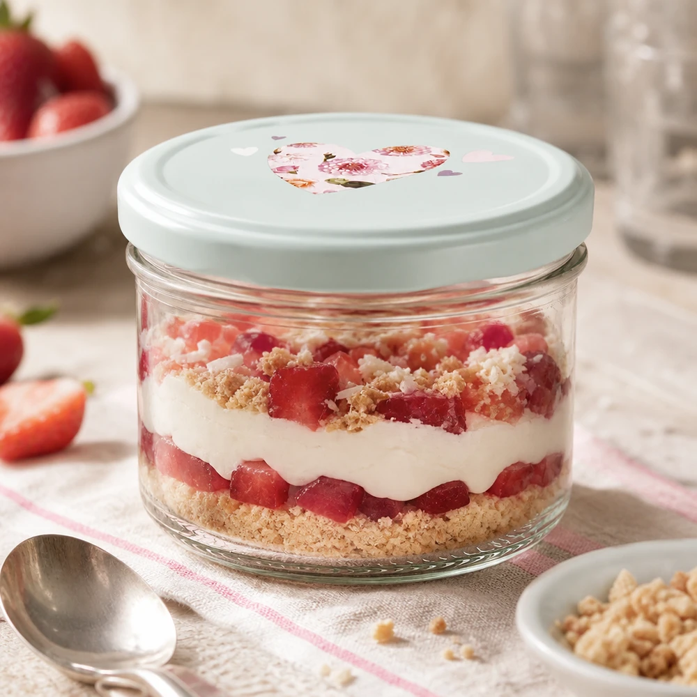 230 ml cylinderglas + BasicSeal låg hjerte mint 230 ml cylinderglas med BasicSeal-låg hjerte mynte til lagdelt dessert med jordbær, fløde og krymmel som dessert