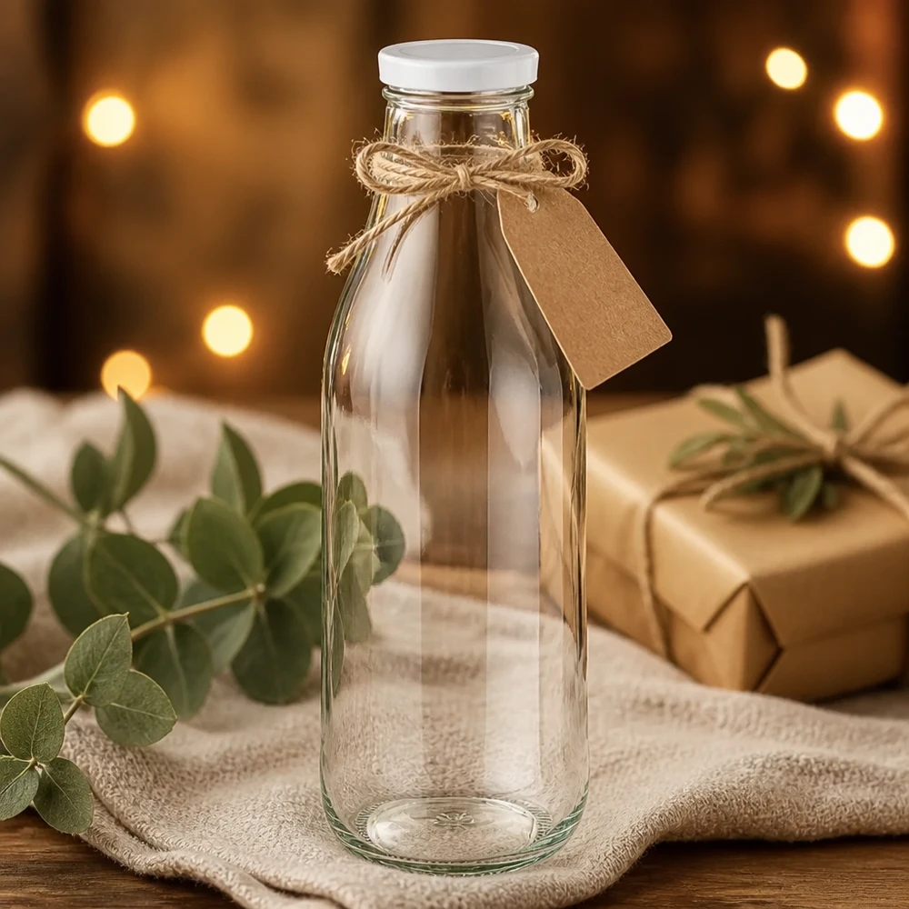 1000 ml glasflaske + BasicSeal-låg hvid UNiTWIST. Absolut lækagesikker med stort TO48-låg. Til mælk, juice og limonade. 1000 ml glasflaske BasicSeal-låg hvid gaveemballage jutepose eukalyptusdekoration varmt lys rustik præsentation