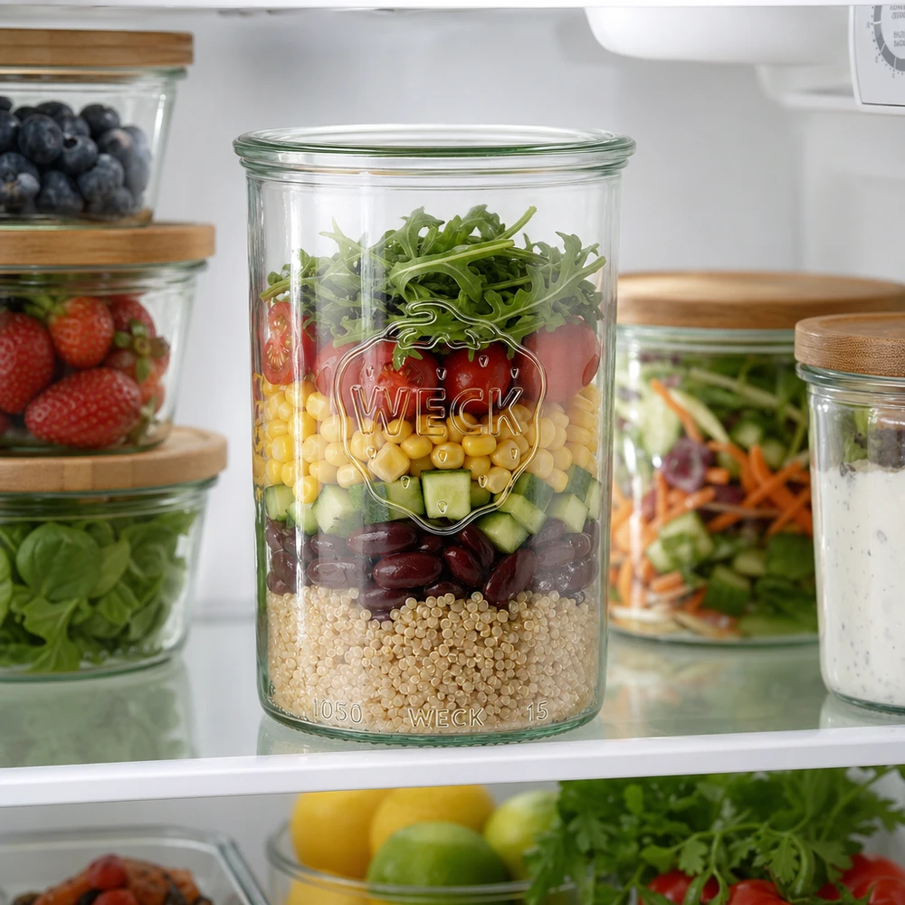1000 ml WECK RR100-glas med skrå kant WECK Sturzglas 1000ml mit buntem Schichtsalat im Kühlschrank - perfekt für Meal Prep und stylische Aufbewahrung