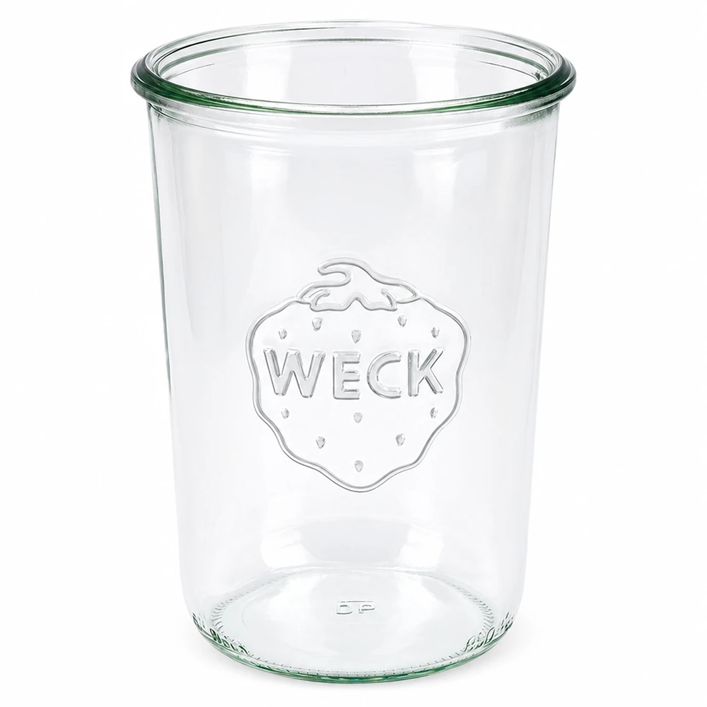 850 ml Briller WECK RR100 WECK-glas 850 ml RR100 af klart glas med indgraveret logo og grøn kant til konservering og opbevaring