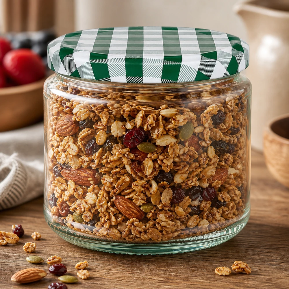 330 ml rund krukke + BasicSeal-låg grøn/hvid UNiTWIST Rundglas 330ml gefüllt mit Müsli und Nüssen, grün-weißer BasicSeal Deckel, perfekt für Vorratshaltung in der Küche