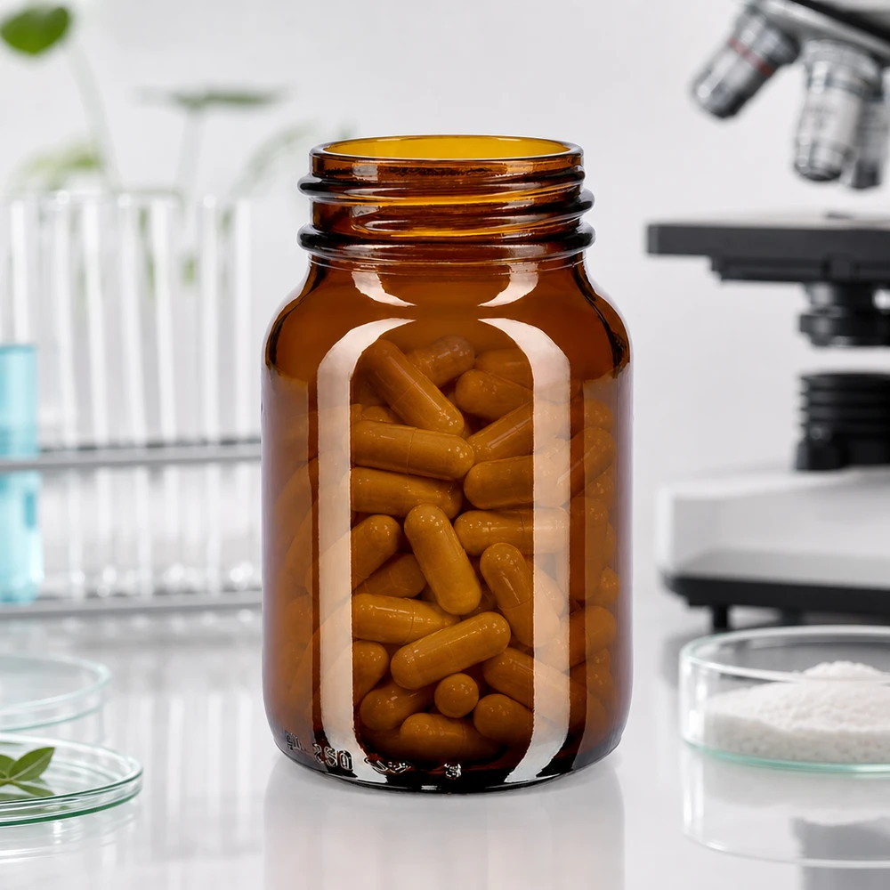 250 ml flaske med bred hals, ravfarvet glas Kompakt 250 ml flaske med bred hals lavet af ravfarvet glas, perfekt til laboratoriebrug og medicin
