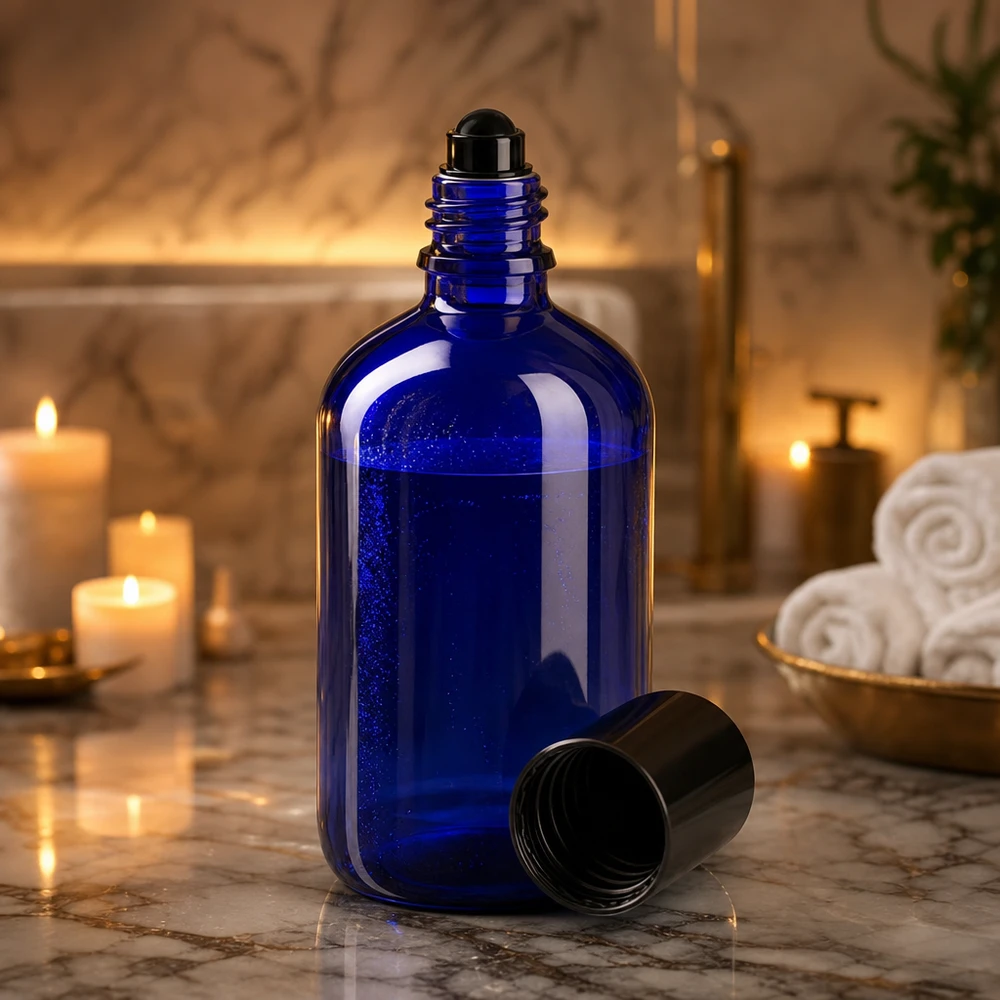 Åben 100 ml roll-on-flaske i koboltblå med sort låg på marmor