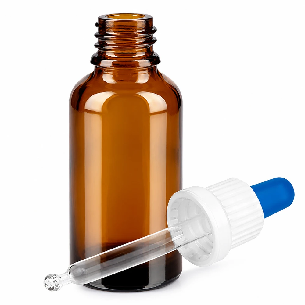 30 ml pipetteflaske hvid/blå OV BrownLine UT18/30 Ravfarvet 30 ml glasflaske med pipette - ideel til æteriske olier og serummer