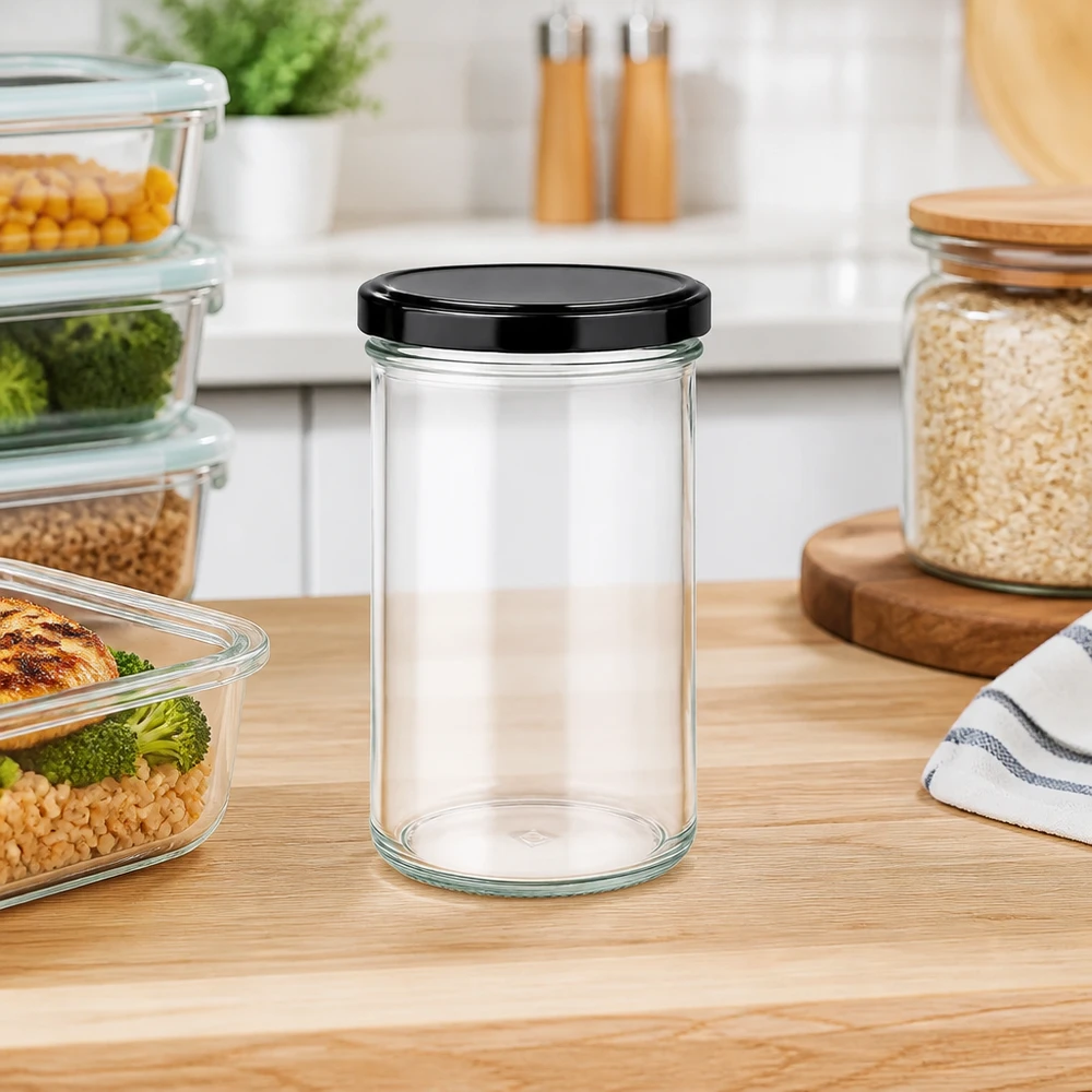 277 ml Briller med BasicSeal-låg sort UNiTWIST 277ml Sturzglas in moderner Küche als Vorratsglas für Lebensmittel neben Meal-Prep-Behältern auf Holzarbeitsplatte