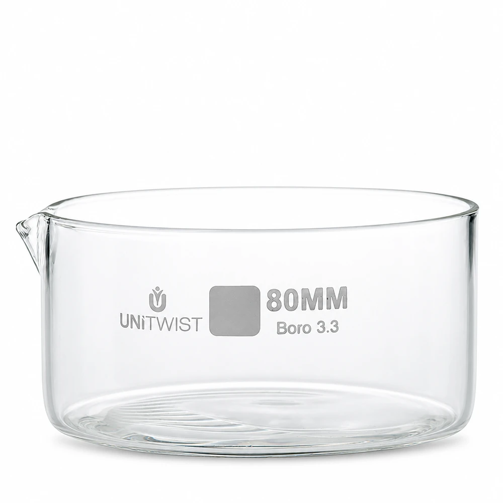 Krystalliseringsskål ø80mm borosilikatglas UNiTWIST Krystalliseringsskål 80 mm af klart borosilikatglas 3.3 fra UNiTWIST med tud