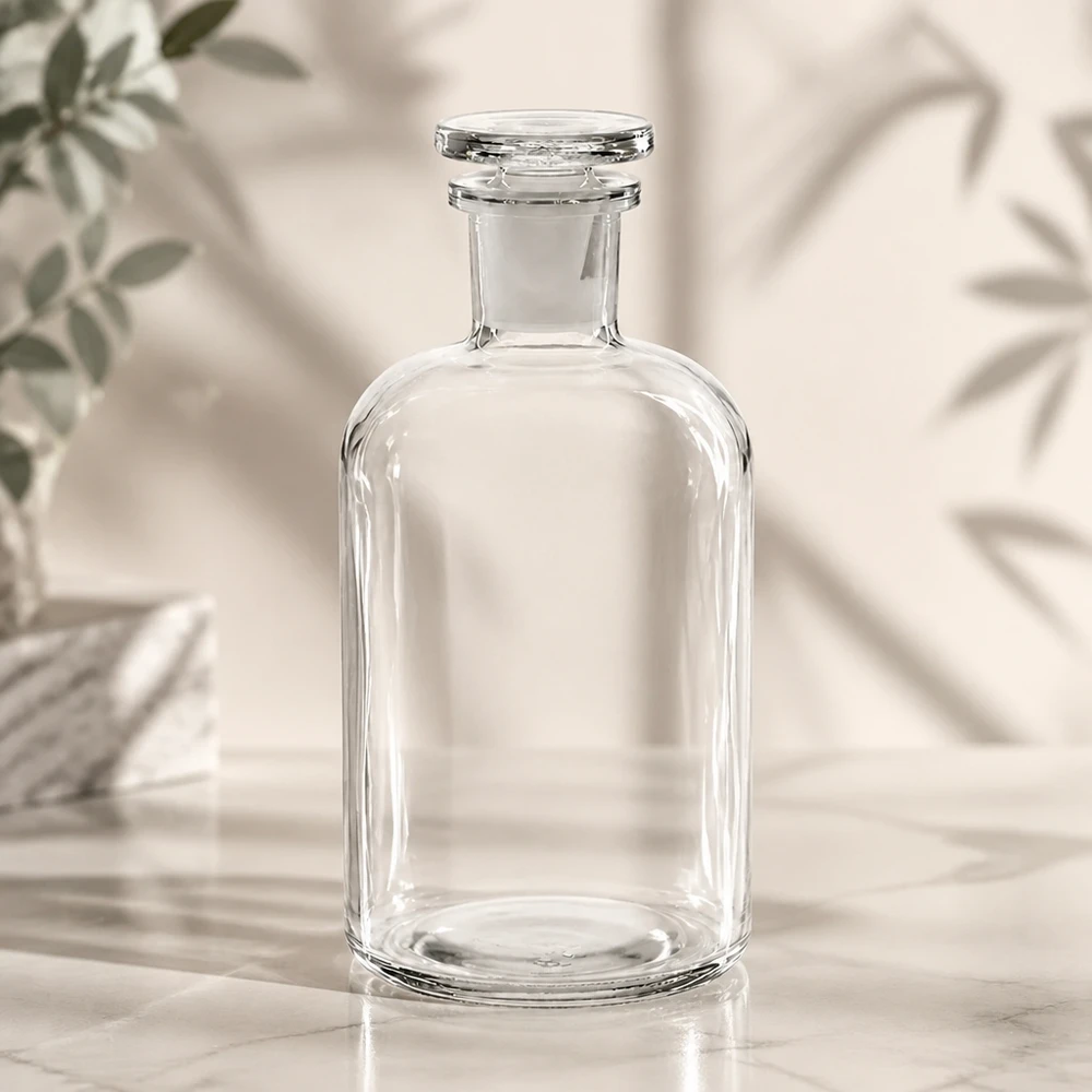 Rund skulderflaske 500 ml klar glasprop med smal hals Flaske med afrundede skuldre, 500 ml, smal hals, klar, med flad glasprop af gennemsigtigt glas