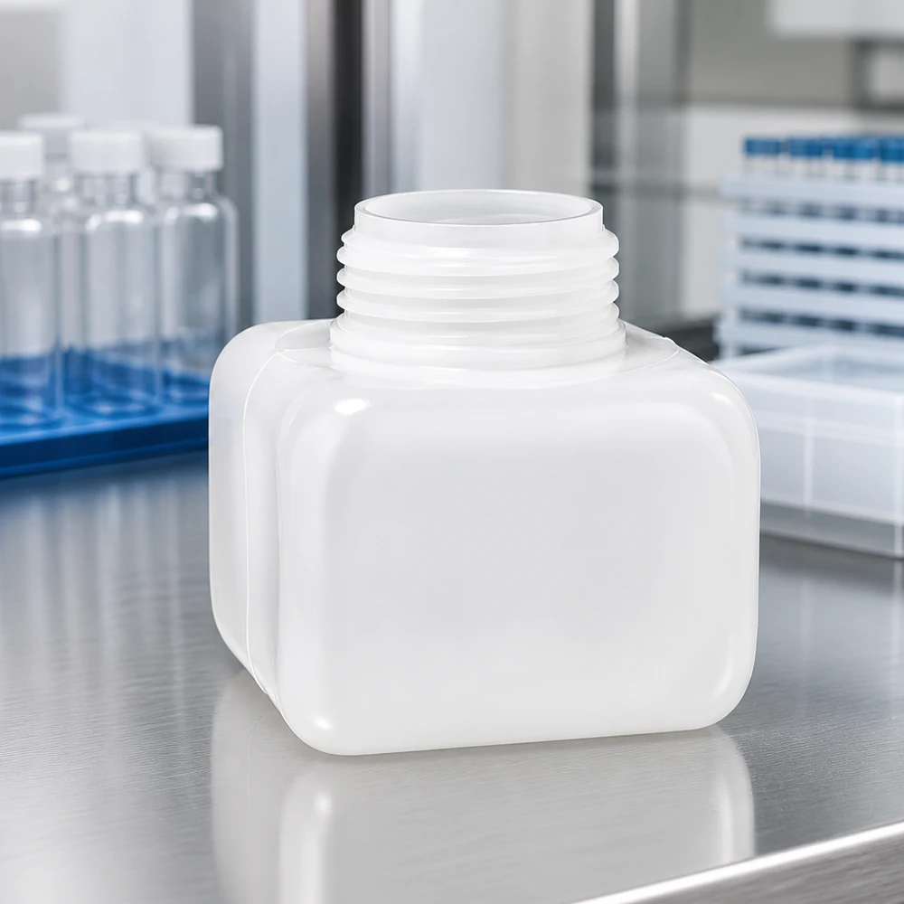 Kemikalieflaske 250 ml, bred hals fremstillet af PE-HD, naturfarve, GL 50 Kemikalieflaske 250 ml PE-HD, bredhalset, naturfarvet, stålbord, laboratoriemiljø, reagensglas, baggrund