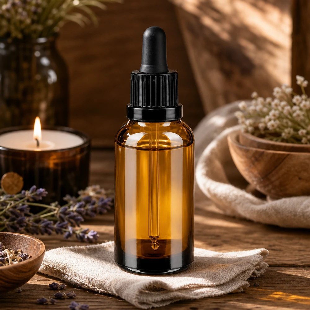 Elegant 30 ml pipetteflaske i ravfarvet glas med sort dråbetæller til naturlig hudpleje