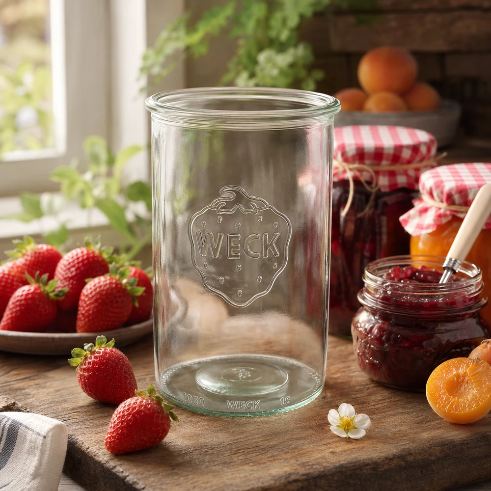 1000 ml WECK RR100-glas med skrå kant 1000 ml WECK RR100 syltetøjsglas på et træbord med friske jordbær og hjemmelavet marmelade