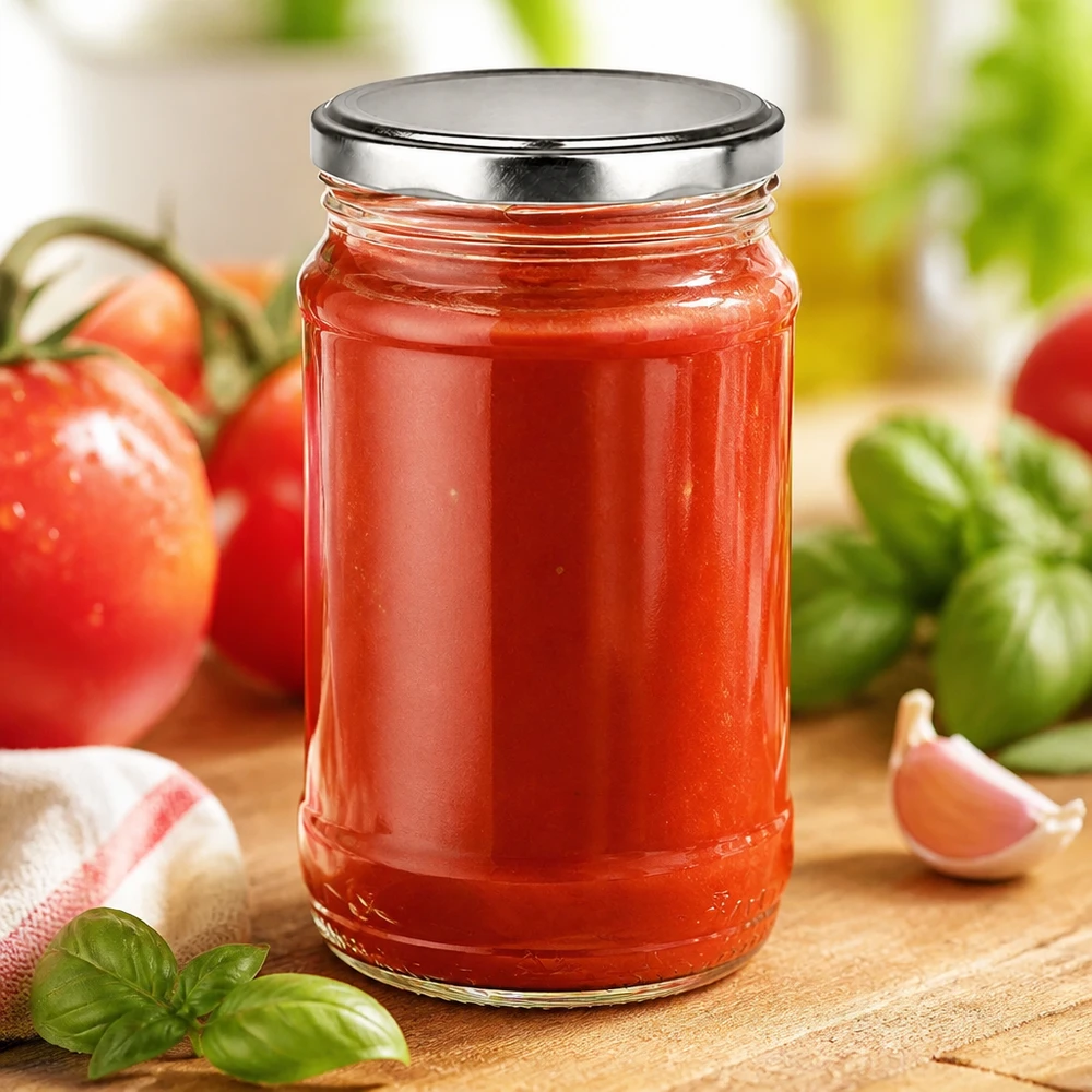 370 ml rundt BasicSeal-glas i sølv, fyldt med tomatsauce ved siden af friske tomater og basilikum
