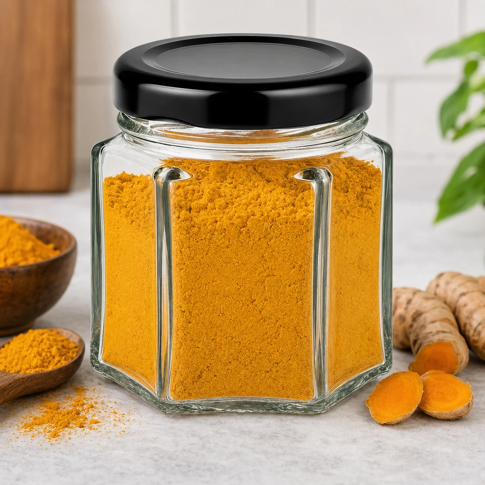 47 ml hexa-krukke med BasicSeal-låg sort UNiTWIST 47ml Hexaglas mit schwarzem Deckel gefüllt mit Kurkuma-Pulver neben frischen Kurkuma-Wurzeln in Küchenambiente