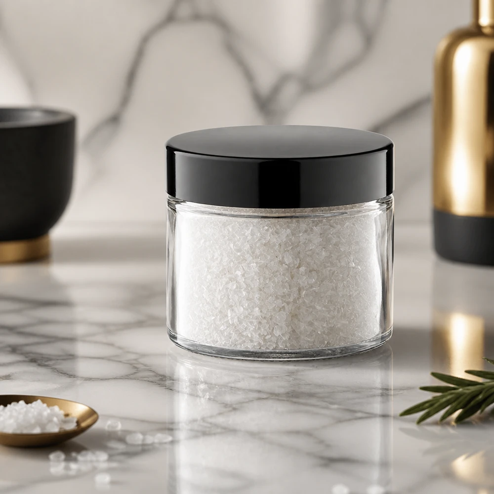 Krydderiidé: Glaskrukke 30 ml klar inkl. skruelåg Glaskrukke på 30 ml med groft havsalt og sort låg på en hvid marmorplade