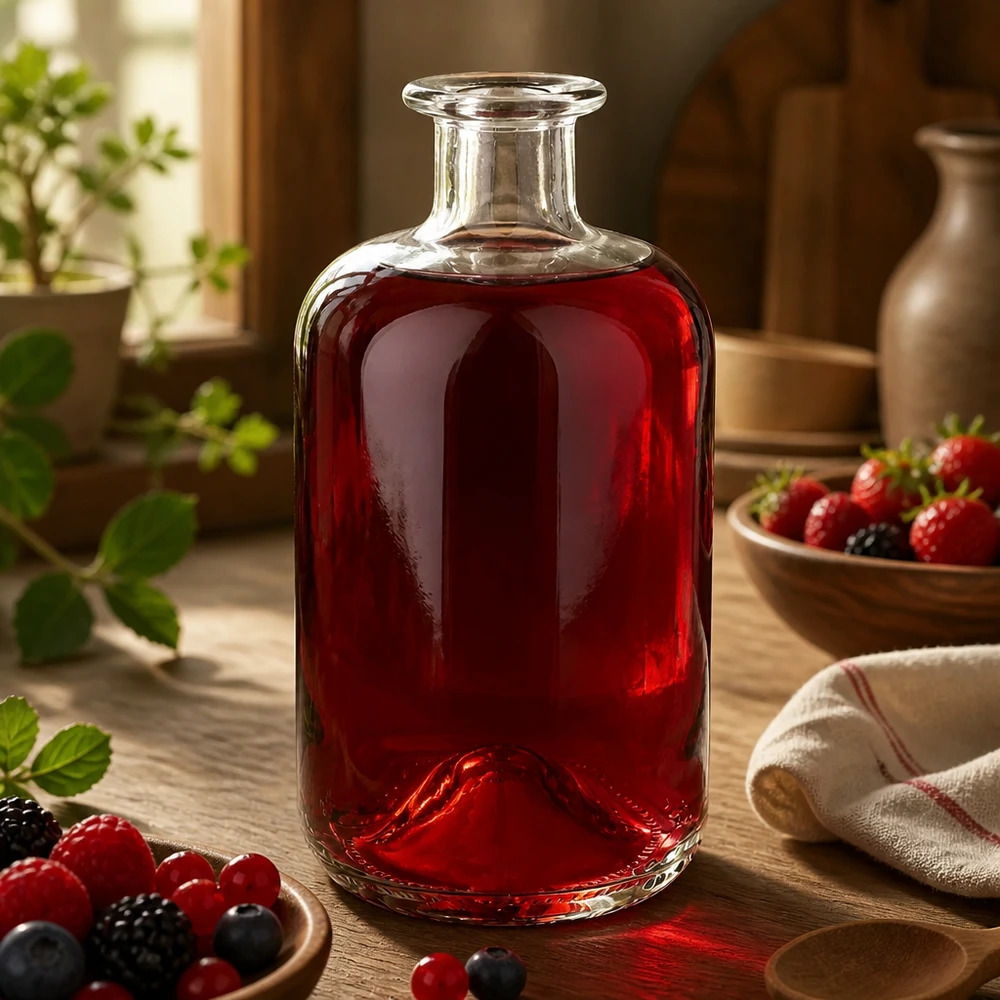 500 ml apoteksflaske »500ml Glasflasche "Luna" ohne Verschluss UNiTWIST« uden lukning UNiTWIST® Glasflaske Luna 500 ml fyldt med rød bærsaft mellem friske bær på et rustikt træbord som dekorativ inspiration.