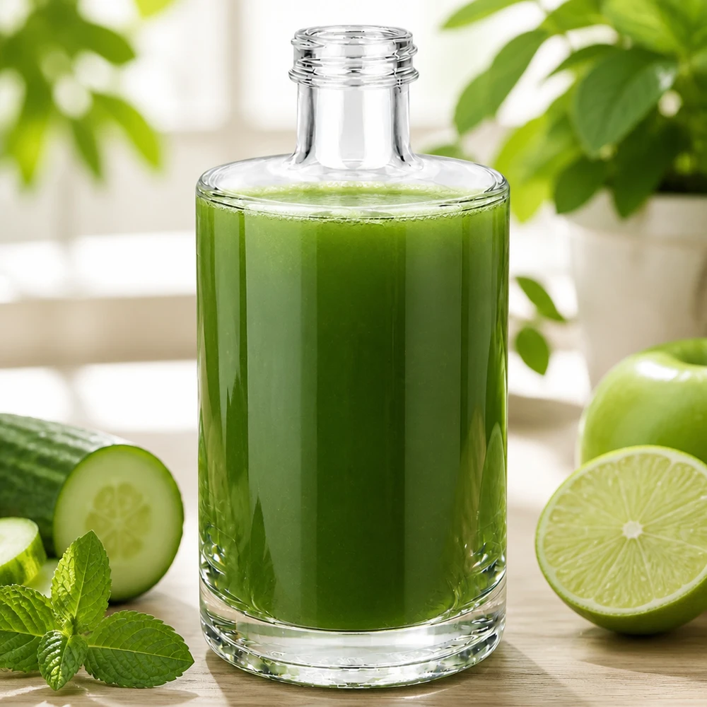 375 ml glasflaske »Sam« uden skruelukning UNiTWIST® 375 ml glasflaske Sam fyldt med grøn smoothie ved siden af agurk, lime og mynte på en lys træbaggrund