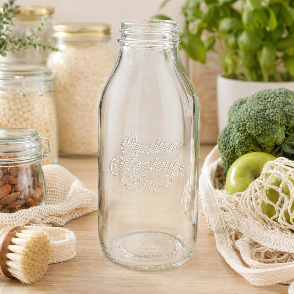 1000 ml flaske med bred hals "Quattro Stagioni" 1000 ml Quattro Stagioni glasflaske med bred mund med indgraveret skrift på træbord ved siden af frisk mad