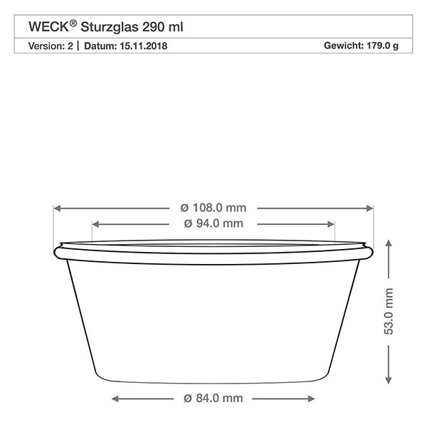 290 ml Briller lav WECK RR100 m.kork natur Teknisk tegning WECK drikkeglas 290ml RR100 med mål Diameter 108mm Højde 53mm Vægt 179g