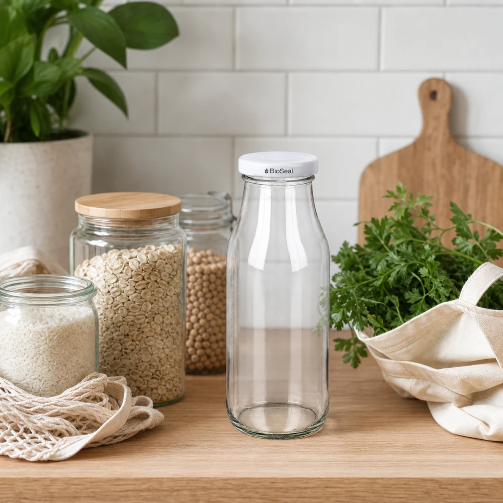 UNiTWIST Bottle263 med hvidt låg TO43 BioSeal UNiTWIST Bottle263 Glasflaske tom på træbordplade mellem bælgfrugter i opbevaringsglas og friske krydderurter