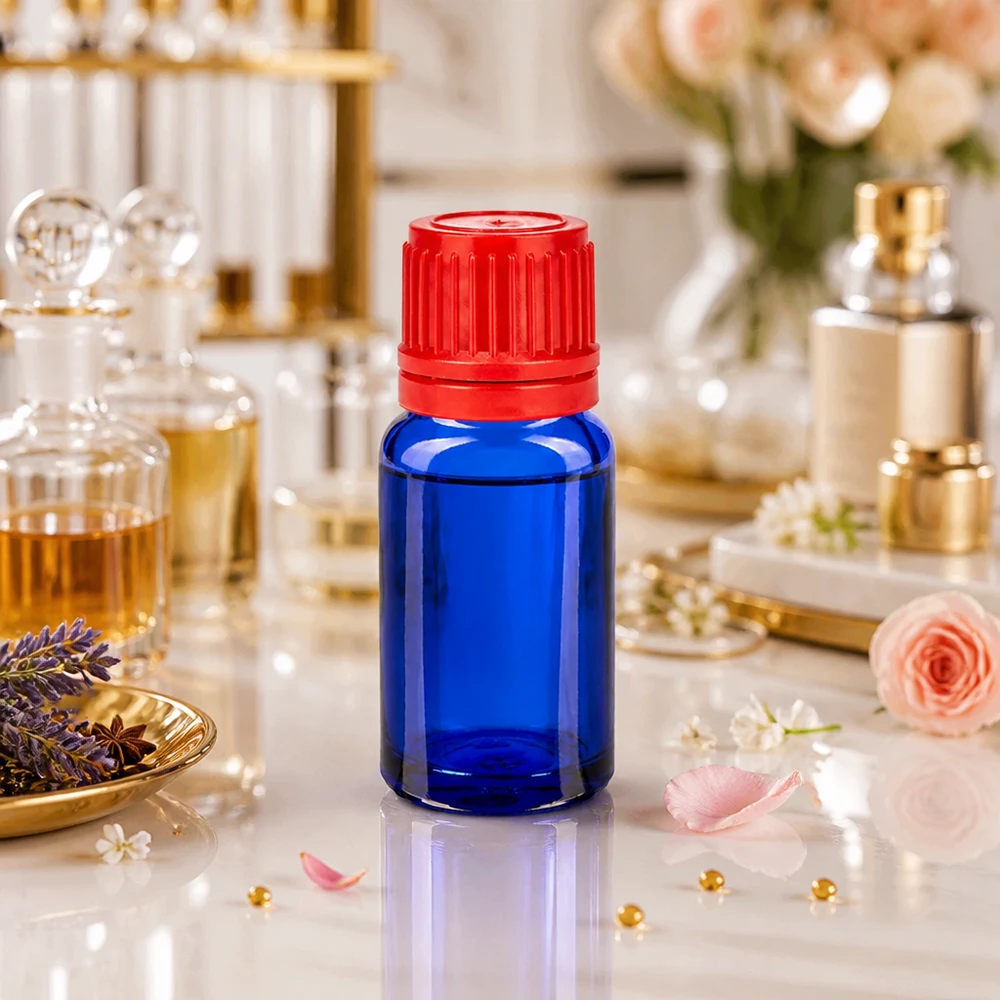 10 ml BlueLine-glasflaske med 11 mm rød hætte, ideel til parfumeolier og essenser