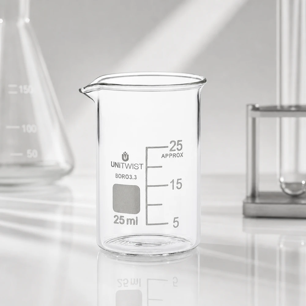 Bæger 25 ml borosilikat, lav skimmel UNiTWIST Tomt, gennemsigtigt bægerglas på 25 ml, lavt design, borosilikat 3.3 fra UNiTWIST på en hvid laboratorieplade