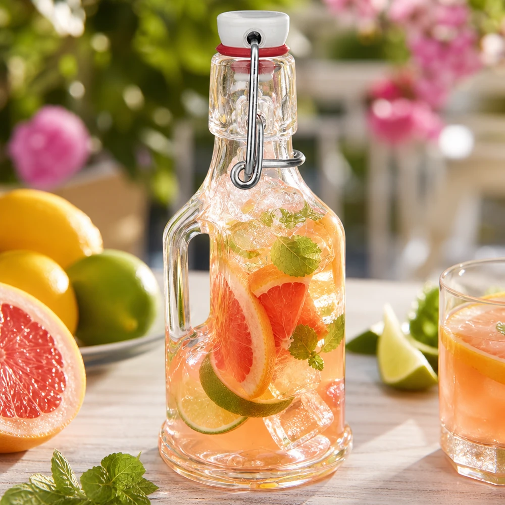 200 ml glasflaske »Bertha« og porcelænshængelåg UNiTWIST® Glasflaske Bertha 200 ml fyldt med grapefrugt-limevand Havestemning sommerdrik UNiTW swing top