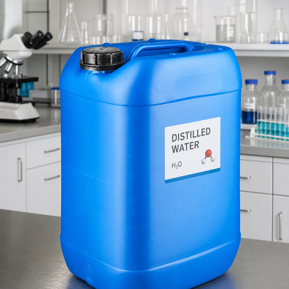 25 liters blå dunk med OV-lukning til destilleret vand (H₂O) i laboratoriet