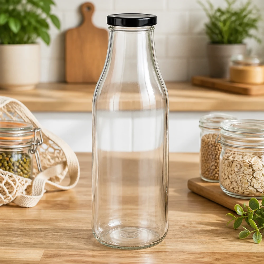 1000 ml glasflaske + BasicSeal-låg sort UNiTWIST. Absolut lækagesikker med stort TO48-låg. Til mælk, juice og limonade. 1000ml Glasflasche mit schwarzem Deckel in Zero-Waste Küche zwischen Vorratsgläsern und nachhaltigen Utensilien