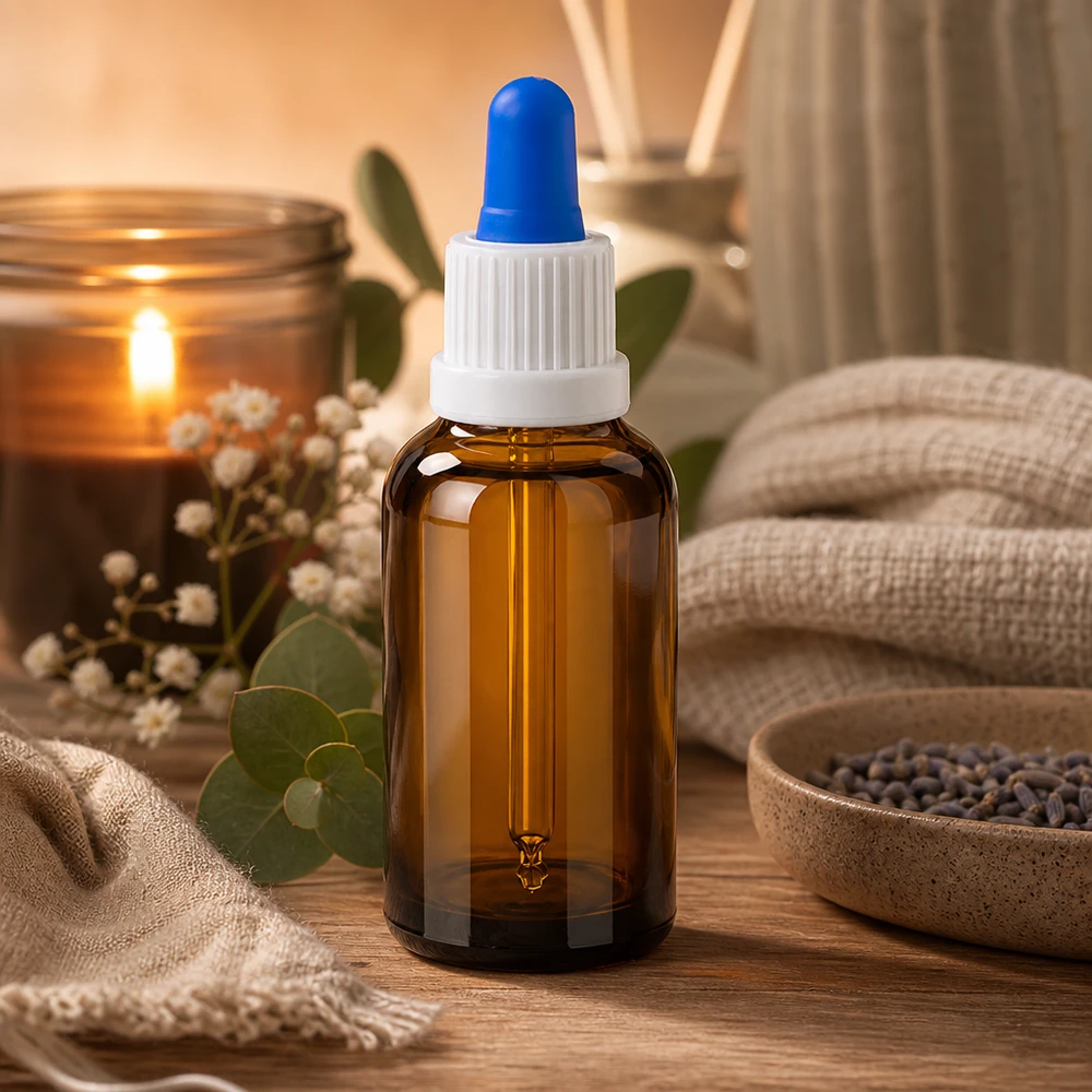 30 ml pipetteflaske hvid/blå OV BrownLine UT18/30 30 ml pipetteflaske med blå pipettespids til kontrolleret dråbedosering i aromaterapi