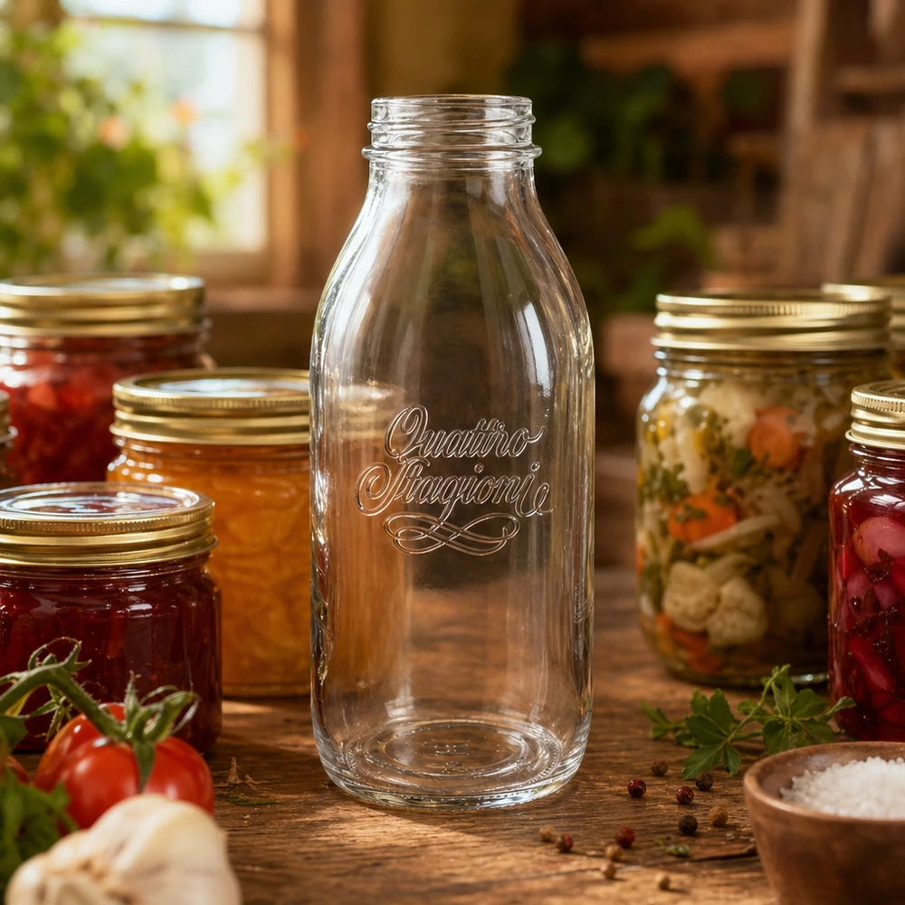 1000 ml flaske med bred hals "Quattro Stagioni" 1000 ml Quattro Stagioni-glasflaske med bred mund til konservering og inddækning af mad på et træbord