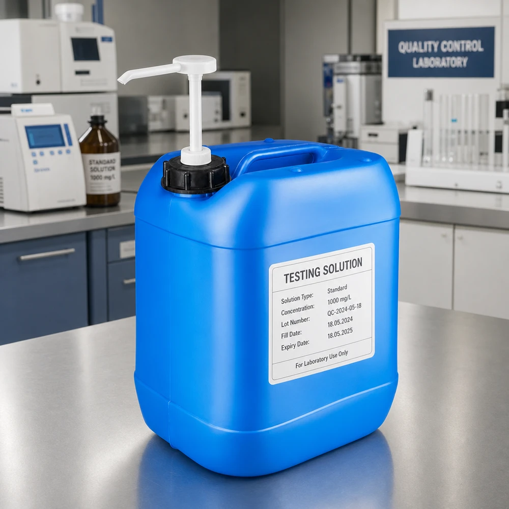 20 liters blå dunk med doseringspumpe Blå dunk på 20 liter med etiket »Testopløsning 1000 mg/l« og doseringspumpe i kvalitetslaboratoriet