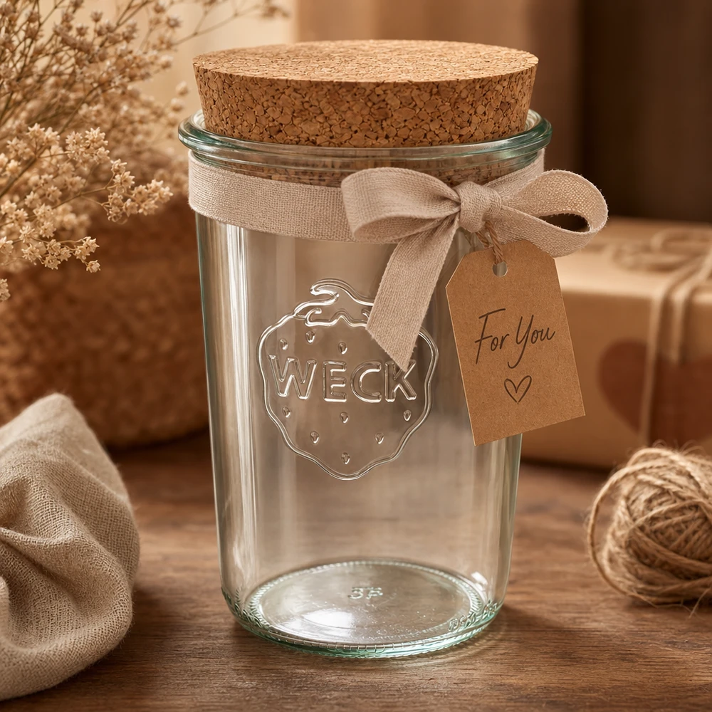 850 ml Briller WECK RR100 med kork natur WECK glas 850 ml RR100 dekorativt arrangeret med bånd til korklåg og gavemærke som en gaveidé