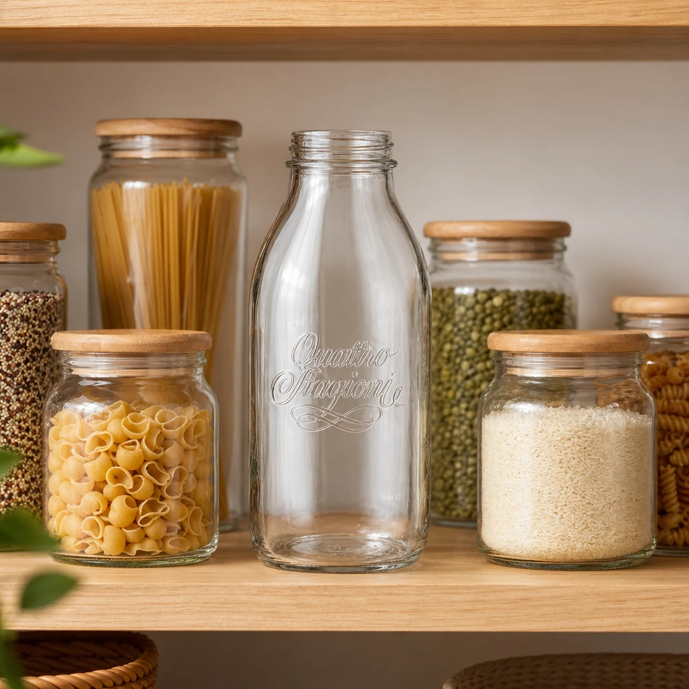1000 ml flaske med bred hals "Quattro Stagioni" 1000 ml Quattro Stagioni-glasflaske med bred mund og trælåg mellem opbevaringsglas med pasta og ris på hylden