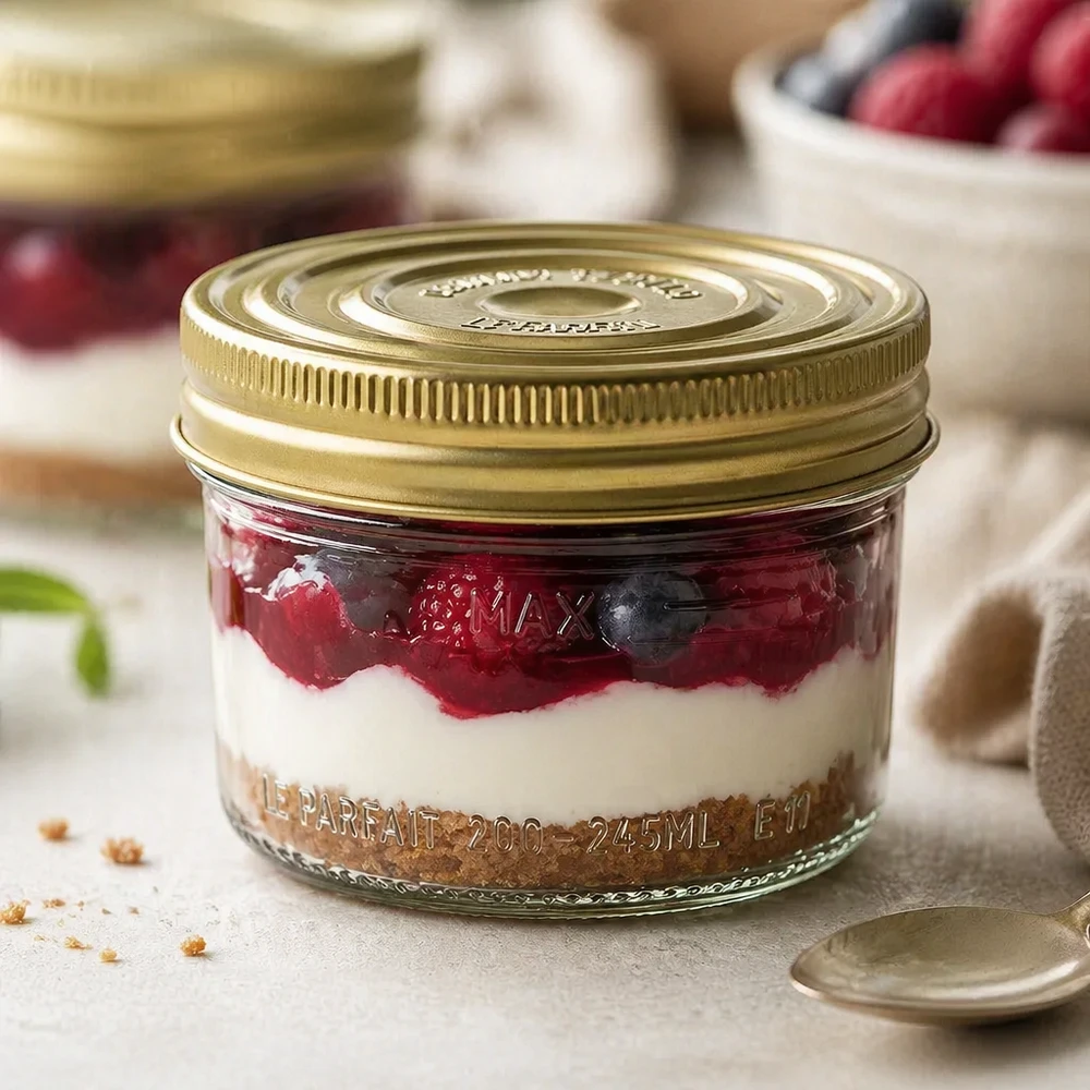 Le Parfait® Familia Wiss 200 g Ø82 mm glas 245 ml Familia Wiss-bægre med gyldent låg fyldt med bær og flødedessert på træbord