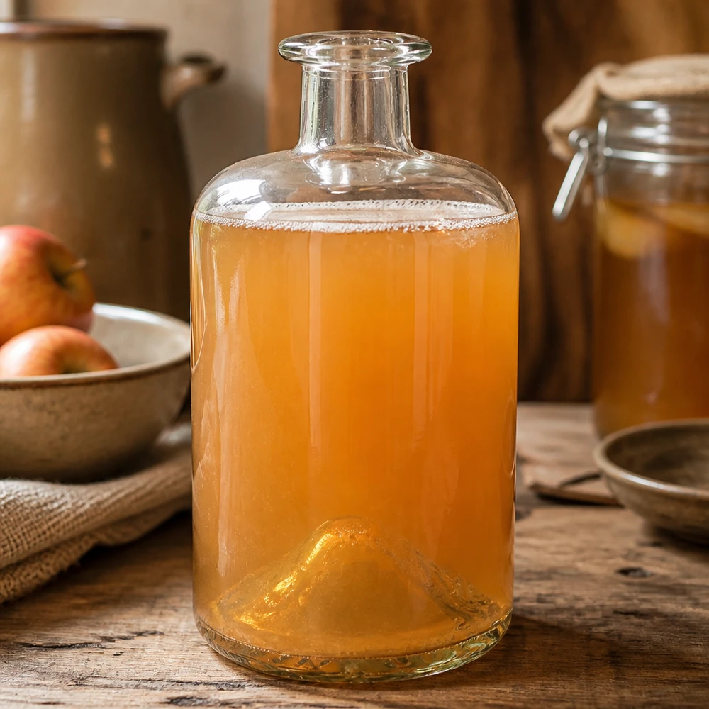 500 ml apoteksflaske 500ml Glasflasche "Sofia" ohne Verschluss UNiTWIST uden lukning UNiTWIST® 500 ml apotekerflaske Sofia fyldt med Kombucha fermenteret drik køkken rustikt træbord glasflaske UNiTWIST