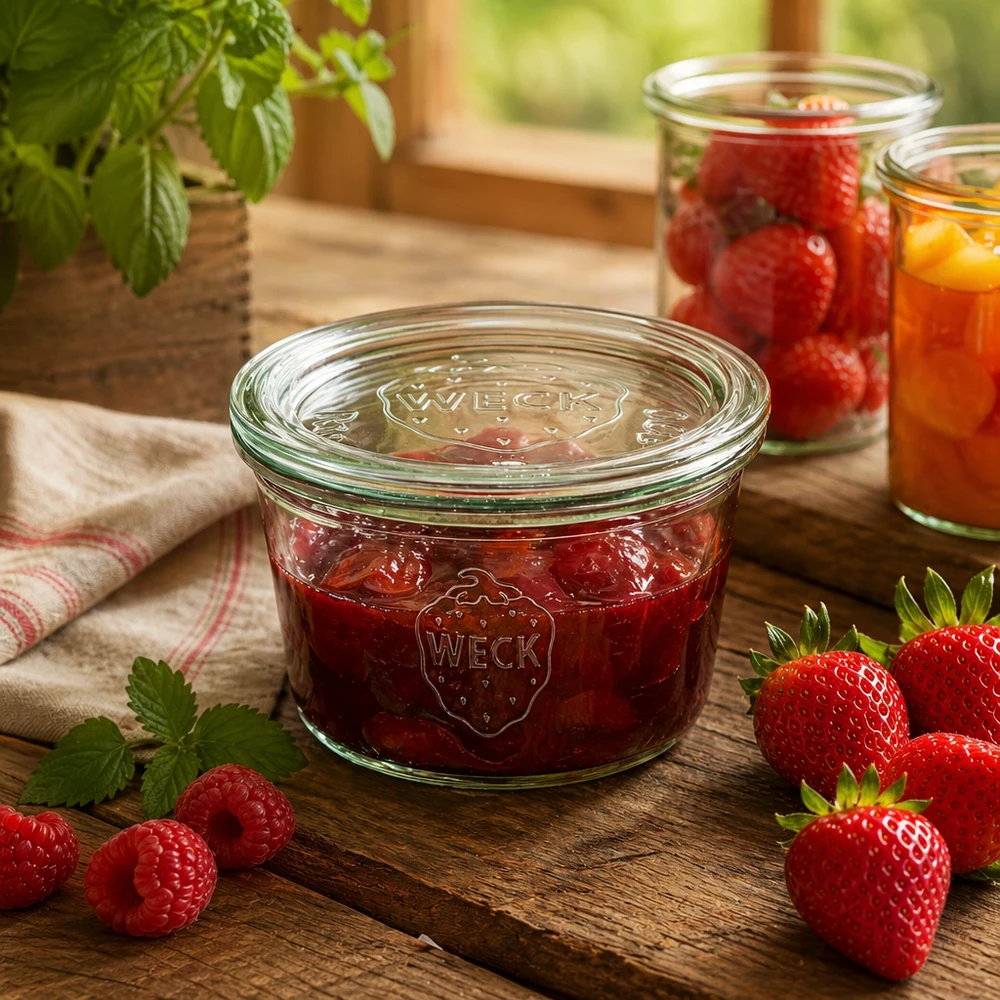 290 ml lavt glas med glaslåg WECK RR100 WECK syltetøjsglas 290 ml fyldt med jordbærmarmelade på et træbord med friske bær og køkkenstemning