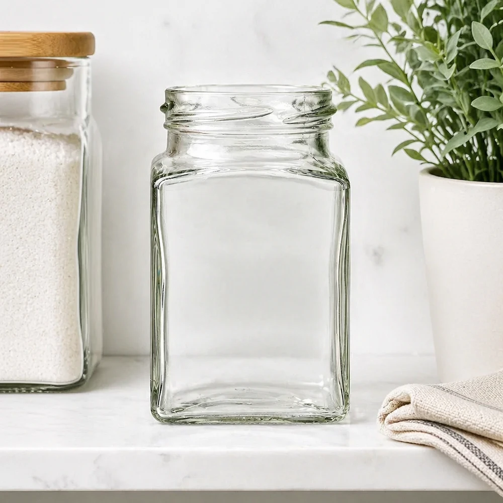 UNiTWIST Tetra260 - 4-hjørnebeholder med en kapacitet på 260 ml TO58 UNiTWIST Tetra260 4-hjørneglas 260 ml TO58 tomt konserveringsglas firkantet transparent til køkken og opbevaring