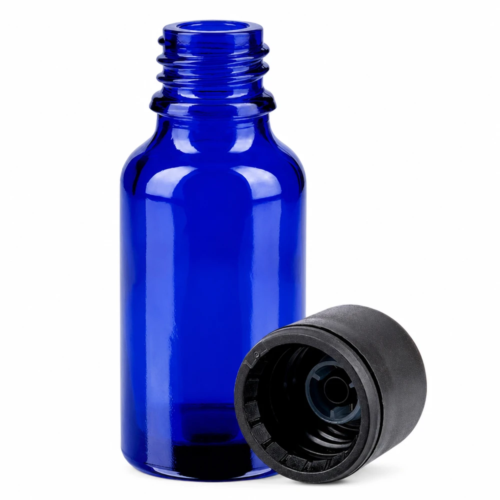 20 ml BlueLine-glasflaske med UT18/20-gevind og sort standardhætte til laboratoriebrug