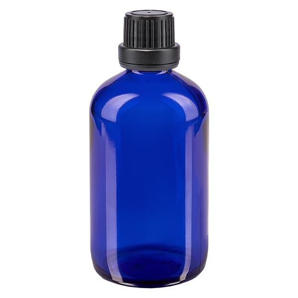 Apoteksflaske blå 100 ml skruelåg sort tæt OV Apoteksflaske blå 100 ml skruelåg sort tæt OV
