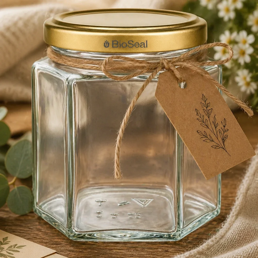 520 g honningglas med gyldent BioSeal UNiTWIST-låg Leeres 520g BioSeal Honigglas hexagonal mit Golddeckel und rustikaler Kraftpapier-Banderole als Geschenkverpackung