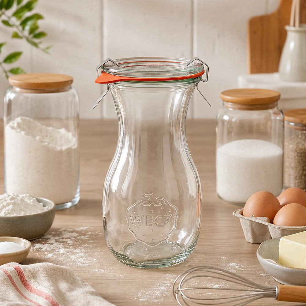 WECK juiceflaske 290ml RR60 tom i moderne køkken mellem bageingredienser og opbevaringskrukker på bordpladen
