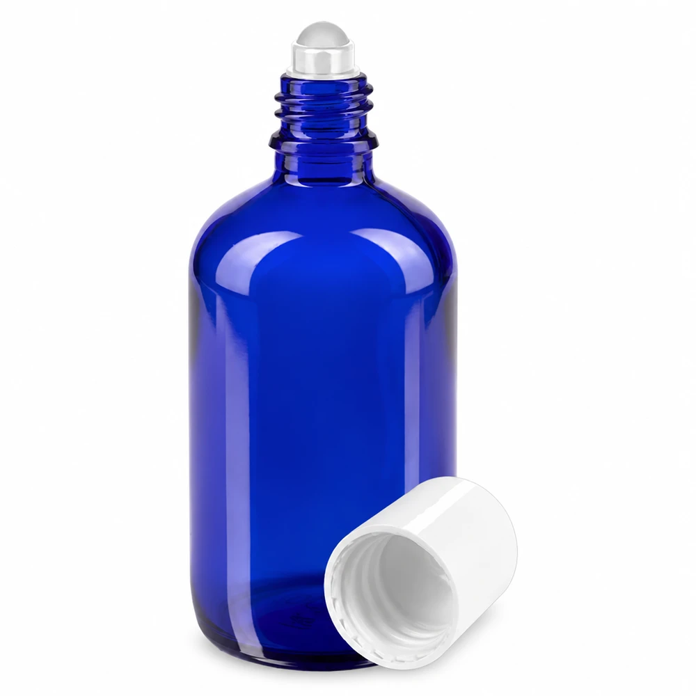 100 ml blå roll-on-flaske af apotekerglas med hvid prop og rullekugle